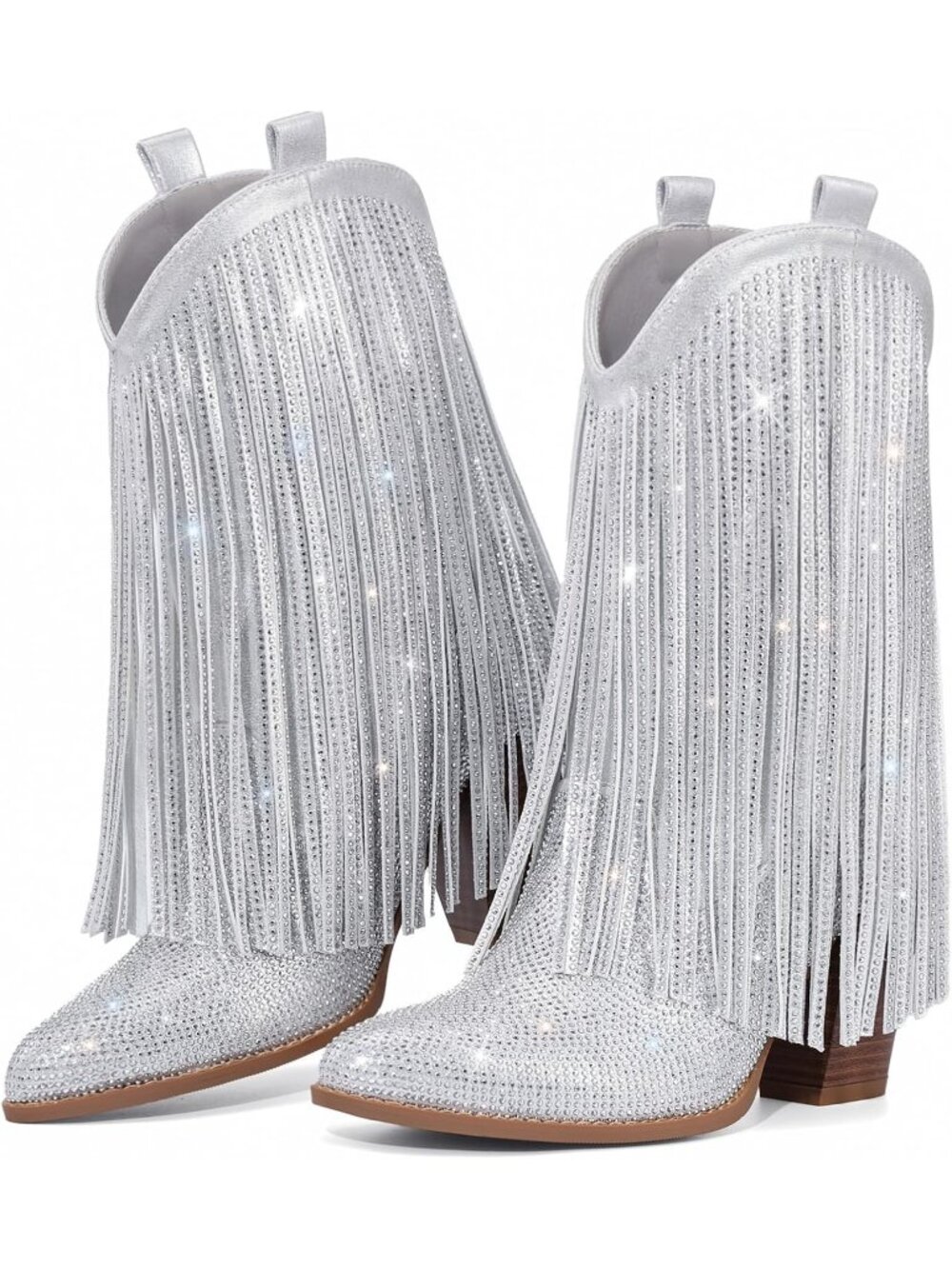Women Shiny Silver Knit Sparkly Rhinestone Cowgirl Pointed Toe Heel Boot